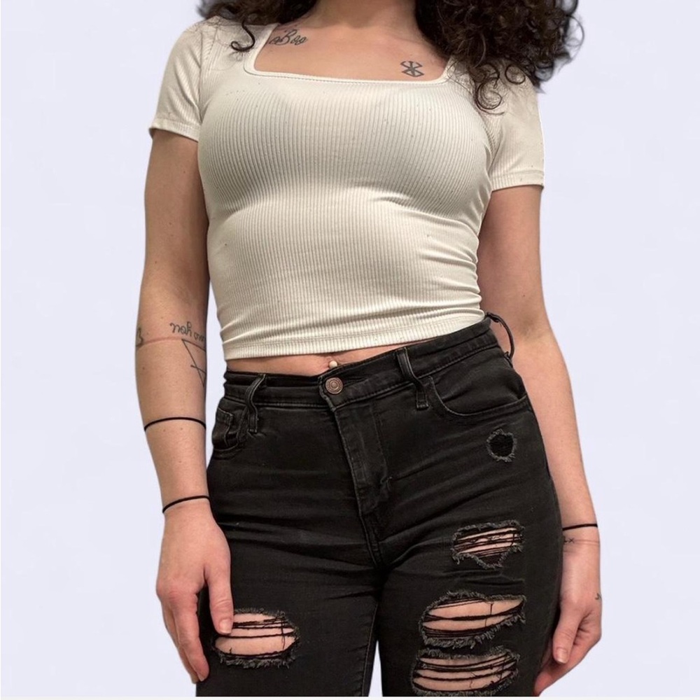 Hollister White Ribbed Square Neck Baby Tee Crop Top